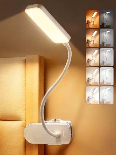 Clip on Lamp,9 Brightness+5 Color Clamp Light,4000mAh Battery Rechargeable Desk Lamp with Clamp,450 Lumen 48 LED Desk Light,Cordless Reading Lights for Books in Bed/Headboard/Bedside Table/Dorm Room - color: White