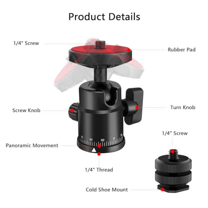 Universal 1/4" Swivel Mini Ball Head Screw Tripod Mount with Hot Shoe Mount, EszkozTA 360° Panoramic Rotating Mount Base Adapter for DSLR Cameras HTC Vive Tripods Monopods Light Stand - color: Black