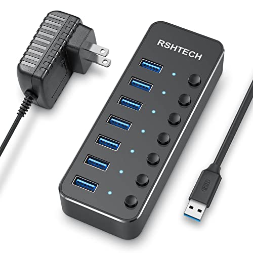 USB 3.0 Hub, RSHTECH 7 Port Powered USB Hub Expander Aluminum USB 3.0 Data Port hub with Universal 5V AC Adapter and Individual On/Off Switches USB Splitter for Laptop and PC(Black) - size: 518-2A