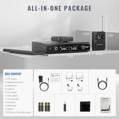 Phenyx Pro UHF Wireless Microphone System w/ 2x30 Tunable Frequencies, Metal Cordless Mic Set, 200 ft Range, 2 Bodypacks & Headsets/Lapel Mics for Speaking, Singing, Church, DJ (PTU-52-2B) | 2 Bodypacks, Auto Pair, 2 x 30 Frequencies, 200 ft Range, Hands-