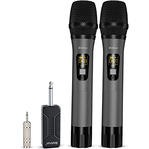 Wireless Microphone, Bietrun UHF Metal Dual Handheld Cordless Dynamic Mic System with Rechargeable Receiver, 1/4‘’Output, for Karaoke, Church, Speech, Wedding, Party Singing(160 ft Range)-Auto Connect - color: Grey
