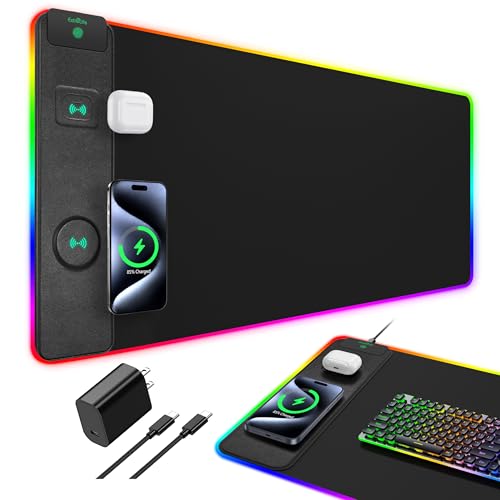 Mouse Pad with Wireless Charging, RGB Gaming Desk Mat, 31.5"x15.7" Large XXL Desk Pad, 15 Lighting Modes, Non-Slip Mouse Mat, Waterproof Computer Keyboard Pad, Black with 20W PD Power Adapter - color: Rgb - 31.5"x15.7" (20w Pd Adapter)