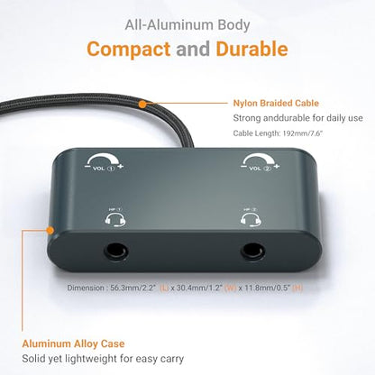 Cubilux 3.5mm Dual Headset Adapter with Volume Control, 1/8" to 2 TRRS Microphone Connector, Double Headphones Audio Splitter for 2 People Meeting, Recording, Online Training, Music Sharing