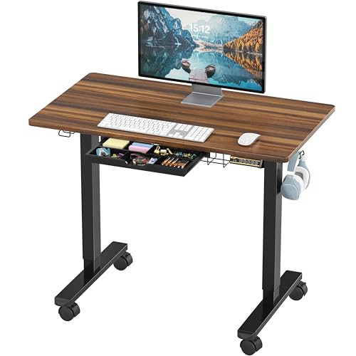 SHW 40-Inch Mobile Electric Height Adjustable Sit to Stand Desk with Drawer, Hanging Hooks and Cable Management, Walnut - color: Walnut