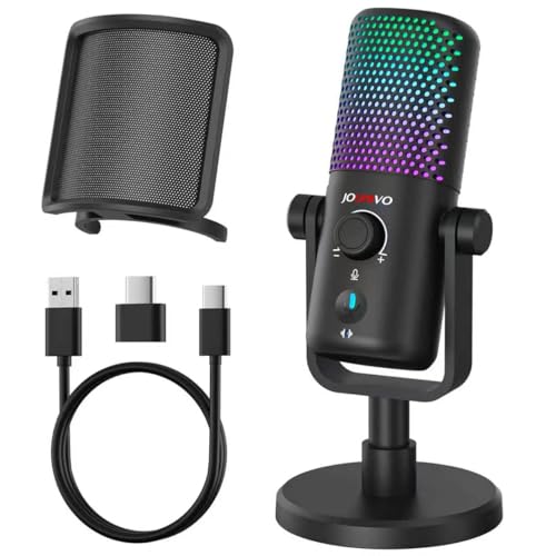 Gaming USB Microphone for PC with Pop Filter Volume Control Headphone Jack RGB Light Mute Button Plug and Play for PS4 PS5 Mac Streaming Podcast