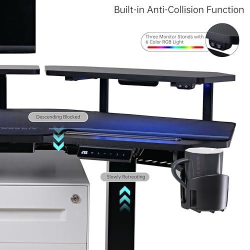 EUREKA ERGONOMIC Gaming Desk Adjustable Height Standing Desk 63" Wing Shaped Music Studio Table Workstation w Full Coverage Mousepad, 3 Stands, Dual Headphone/Cup Holder, Ipad-Slot - color: Black, size: 63"W x 48"H-Adjustable
