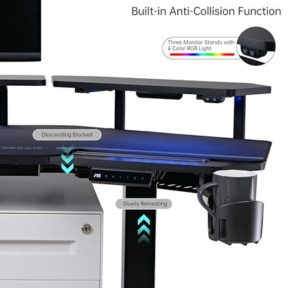 EUREKA ERGONOMIC Gaming Desk Adjustable Height Standing Desk 63" Wing Shaped Music Studio Table Workstation w Full Coverage Mousepad, 3 Stands, Dual Headphone/Cup Holder, Ipad-Slot - color: Black, size: 63"W x 48"H-Adjustable
