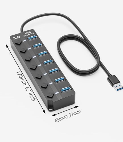 USB Hub for Laptop, SNLLMZI 7-Port USB 3.0 Hub Splitter with Individual On/Off Switches and Lights, 4ft/1.2m Long Cable Compatible for Laptop,PC Computer,Surface Pro,PS4/5,Flash Drive,Mobile HDD,etc.