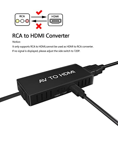 VIXLW AV to HDMI Converter, RCA to HDMI Adapter, 720P/1080P RCA Composite CVBS Adapter Support PAL/NTSC for PC, Laptop, TV, WII, Xbox, PS2, PS3, STB, VHS, VCR, Blue-Ray DVD Players - color: black