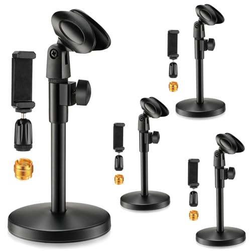 Hoteam 4 Pieces 3 in 1 Desktop Microphone Stand Adjustable Table Mic Stand Multi Function Mic Stand with Microphone Clip, Cell Phone Clip, 5/8" Male to 3/8" Female Metal Adapter