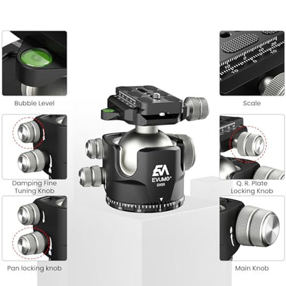 EVUMO DX55 Ball Head, 55mm Low Profile Heavy Duty CNC Panoramic Tripod Ball Head Mount with Mlok Arca Swiss Quick Release Plate for Camera Tripod Monopod DSLR Camcorder Telescope, Max Load 88lb/40kg