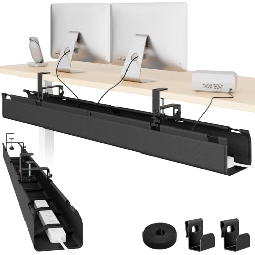 PEGZONE No Drill Under Desk Cable Management Tray, 47.2" Cord Management Under Desk for Table, Clamp Mount Desk Cable Management, Premium Fabric Wire Management Tray for Office, Home, Black - color: Black, size: 47.2"L × 6.1"W