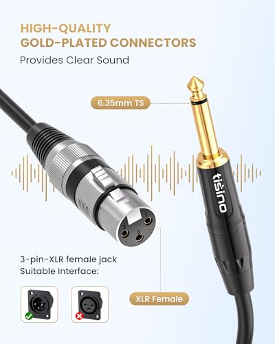 Tisino Female XLR to 1/4 (6.35mm) TS Mono Jack Unbalanced Microphone Cable Mic Cord for Dynamic Microphone - 16 FT/5 Meters - size: 15 feet