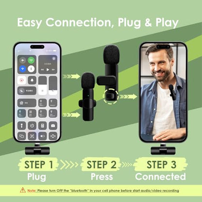 Hailanbao 2-in-1 Wireless Lavalier Microphone for iPhone/Android/Camera/USB-C – Noise Cancelling Lapel Mic, 7-Hour Mini Clip-On Battery, for Vlogging, YouTube, TikTok, Live Streaming & Video Recording