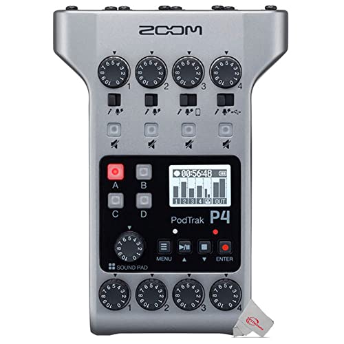 Zoom PodTrak P4 Portable Multitrack Podcast Recorder + Zoom ZDM-1 Podcast Mic Pack Accessory Bundle With Microphone, Headphones, Tripod, Windscreen & Cable + Accessory Kit