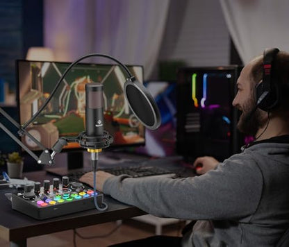 Podcast Equipment Bundle, Mixer with 48V XLR Condenser Microphone, TF card,5RGB,Surround Sound,Suitable for Streaming/TikTok/YouTube, Compatible with Mobile Phones, PC,Camera RS2 - style: Audio interface+ 1 condenser mic