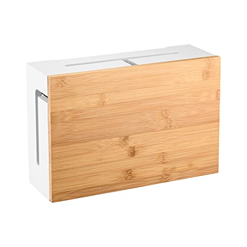 Bamboo Cable Management Box with Magnetic Lid - 12,6x7,8x4.3 in - Durable Cable Organizer to Hide Cords & Power Strip - Wall Mountable - Including Hardware - for Home, Office, Desk & More (White) - color: White