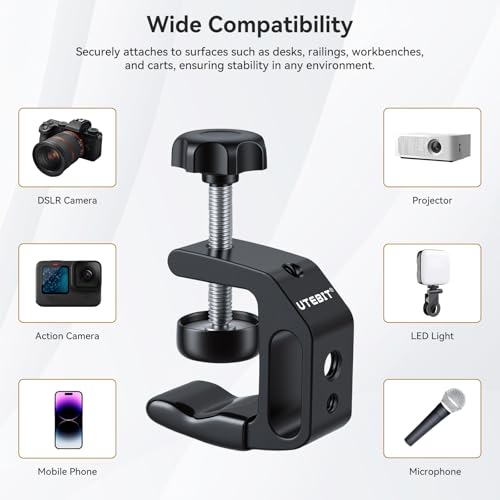 UTEBIT 0.36"-1.2" Universal Aluminum C-Desk Clamp, Black | Adjustable Support Clamp with 1/4" and 3/8" Thread for Desktop Mount Holder Flash Desks Carts Benches Worktables - size: 0.36-1.2 inch