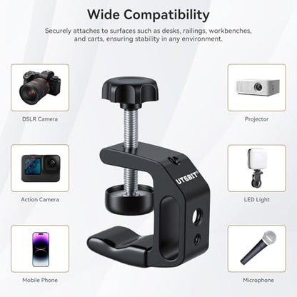 UTEBIT 0.36"-1.2" Universal Aluminum C-Desk Clamp, Black | Adjustable Support Clamp with 1/4" and 3/8" Thread for Desktop Mount Holder Flash Desks Carts Benches Worktables - size: 0.36-1.2 inch
