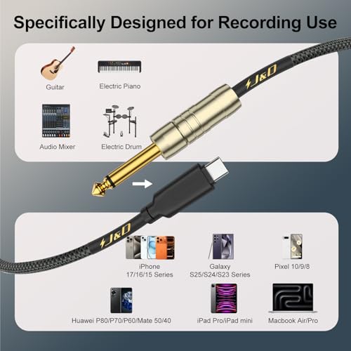 J&D USB C to 6.35 mm 1/4 inch TS Guitar Audio Cable, Audio Recording, Bass, Electronic Piano Microphone Cord Compatible with iPhone 16/17 Series, Galaxy S24/S25, 10 Feet - size: 10 Feet