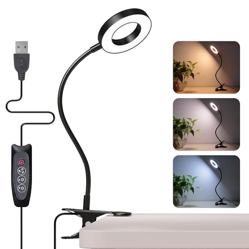 Foneso Desk Lamp Clip on Light, 48 LED USB Lamp with 3 Color Modes 10 Brightness Levels, 360° Flexible Gooseneck Eye Protection Bed Night Light for Reading, Makeup, Craft (Black) - size: 1 Pack