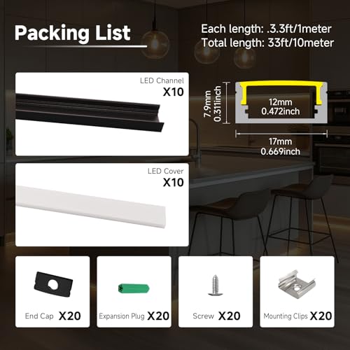 10-Pack 3.3ft/1m U-Shape LED Aluminum Channel with Milky White Cover, Black LED Strip Light Track, High Transmittance Diffuser for Under Cabinet, Shelf, Stairs, fits 12mm Wide Strips - color: Black Aluminum + White Cover, size: 3.3FT/10P/#048