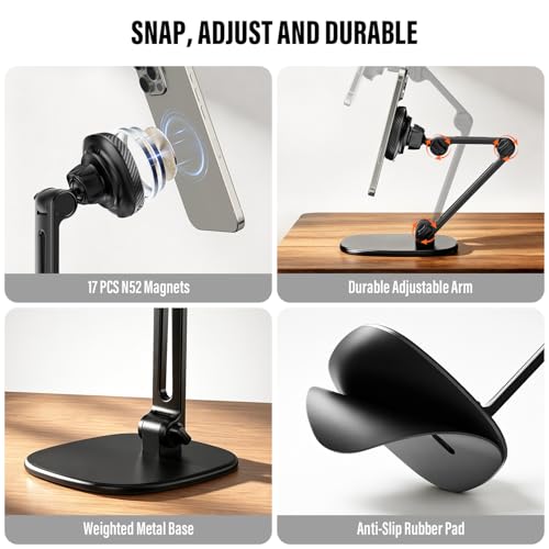 APPS2Car Qi2 15W Wireless Charger Stand for MagSafe, Height Adjustable Foldable iPhone Stand with Metal Base for iPhone 17/16/15/14/13/12 Series, No Adapter - color: Black - Wireless Charging Stand