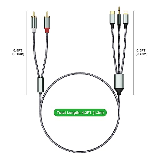 Lightning to RCA Cable Audio Aux Adapter,RCA to 3.5mm Cable，USB C to 2 RCA Audio Cable， (3 in 1 Audio Cable) for Power Amplifier, Car, Home Theater, Speaker and More(Lightning Compatible)(4.26FT)