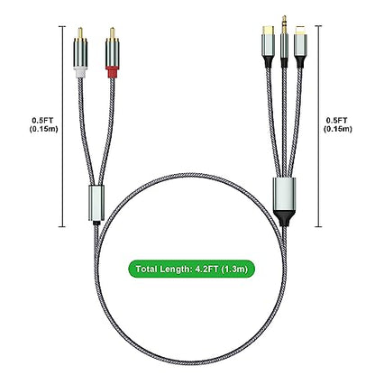 Lightning to RCA Cable Audio Aux Adapter,RCA to 3.5mm Cable，USB C to 2 RCA Audio Cable， (3 in 1 Audio Cable) for Power Amplifier, Car, Home Theater, Speaker and More(Lightning Compatible)(4.26FT)