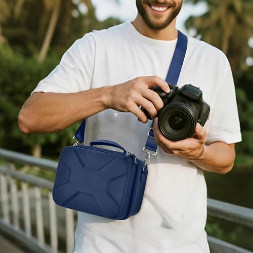 Comecase Hard Camera Case for Canon R50/R100/T7, for Sony A6400/ZV-E10 | Small Camera Bag with Hard EVA Shell, Adjustable Dividers, 6 Battery/SD Organizer Slots and Shoulder Strap, Dark Blue - color: Dark Blue