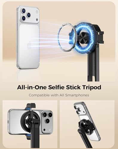 TechRise 71" Phone Tripod, 3-in-1 Clamp & MagSafe Magnetic Selfie Stick with Bluetooth Remote, Auto Extend Phone Stand, Compatible with iPhone 17 Series, Sony, Canon Cameras, Lightweight Travel Design