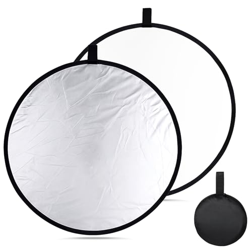 Round Folding Portable Photography Reflector, 2 in 1 Lighting Reflectors, Camera Photo Reflector Diffuser, Light Reflectors for Portrait Photography, Still Life Fill Light (18inch/45cm, Silver, White)
