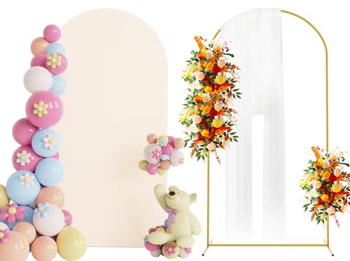 Putros Arch Backdrop Stand and Cover Set, 6.6ft, Gold Arch Stand with Beige Cover, Metal Arched Background Frame for Wedding, Birthday Party, Baby Shower, Photography Decoration - color: Beige, size: 6.6ft x 3.3ft