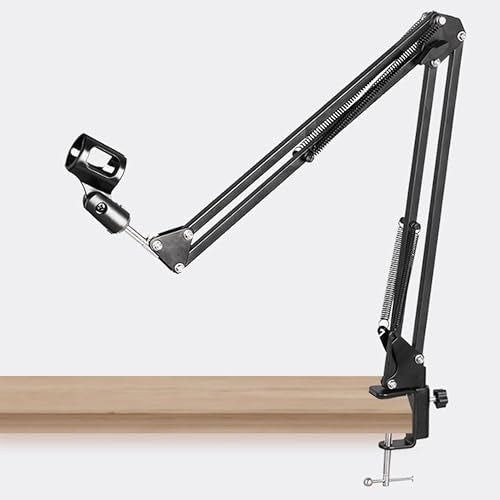 Boom Arm Microphone Mic Stand, Flexible Long Arm Clamp Clip Stand with Mount Clamp, Mic Holder with 3/8'' 5/8'' Thread Cable Ties Metal Base, for Podcast, Rotatable Foldable Adjustable - BLACK