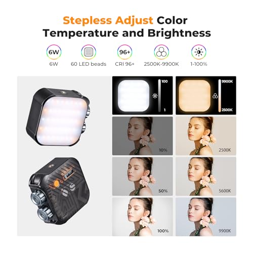 K&F CONCEPT 2000mAh RGB Video Light 21 Light Effects, 2500K-9900K, CRI 96+ | 360° Full Color Portable Light, Magnetic Rechargeable LED Panel Camera Light with 1/4" Screw Mount for Vlogging Selfie, Black - color: Black