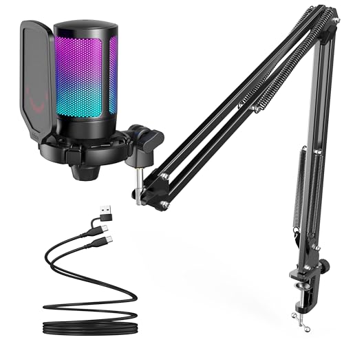 FIFINE Gaming PC USB Microphone, Podcast Condenser Mic with Boom Arm, Pop Filter, Mute Button for Streaming, Twitch, Online Chat, RGB Computer Mic for PS4/5 PC Gamer Youtuber-AmpliGame A6T - color: Black
