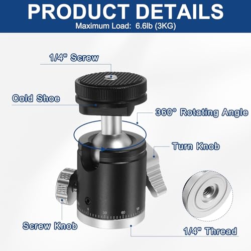 PATIKIL 1/4" Mini Ball Head with Cold Shoe, 360° Rotating Screw Tripod Mount Panoramic Ball Head DSLR Camera Mount Base Adapter Photograph Accessory for Phone Light Camera Loading 6.6lb