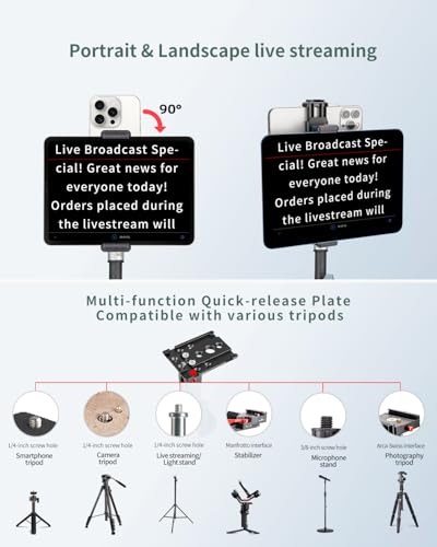 Large Screen Teleprompter Holder for Tablet & Phone with 70.8" Extendable Tripod, Dual Device Design, Compatible with iPad/iPhone/Samsung and More. Perfect for Live Streaming/Video Recording - size: holder with 70.8-inch tripod