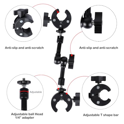 PellKing Super Double Clamp Camera Mount Umbrella Clamp, with 360° Magic Arm Double 1/4”-20 Adapter for Umbrella, Pole, Desktop, Strollers, Motorcycle, Photo Studio Light Stand, Photo Boom Stand