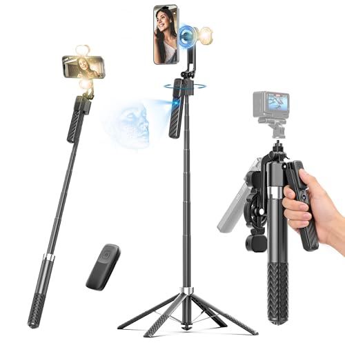 Oldshark 71" Auto Face Tracking Tripod Detachable Light, 1-Sec Quick Setup Magnetic Tripod for iPhone, No App Needed 360° Rotating Phone & Camera Tripod, Content Creator Essentials for TikTok YouTube - color: Deep black