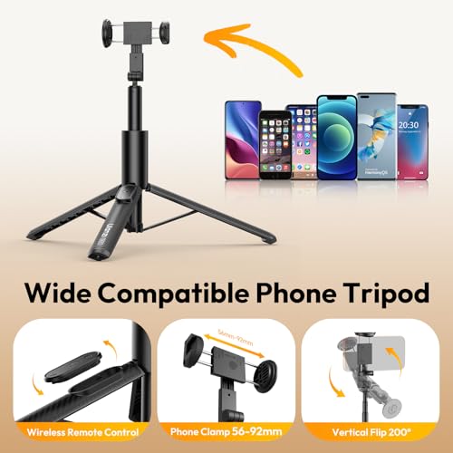 Phone Tripod Selfie Stick, ULANZI SK27 61" Extendable Selfie Stick for iPhone/Android with Wireless Remote Cold Shoe Mount, Portable Phone Tripod Stand for Video Recording, Stream, Travel, Vlogging - size: 61"-Phone Clamp