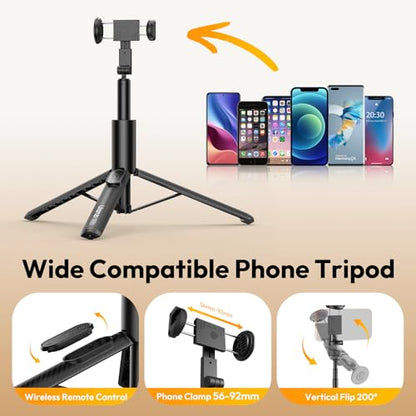 Phone Tripod Selfie Stick, ULANZI SK27 61" Extendable Selfie Stick for iPhone/Android with Wireless Remote Cold Shoe Mount, Portable Phone Tripod Stand for Video Recording, Stream, Travel, Vlogging - size: 61"-Phone Clamp