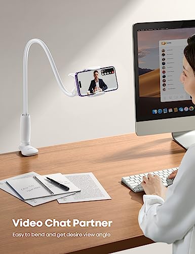 Lamicall Gooseneck Phone Holder for Bed - 360 Adjustable Clamp Clip, Overhead Cell Phone Mount Stand for Desk, Compatible with All Cellphone, White - color: Snow White