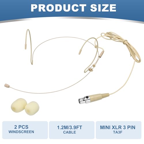 MECCANIXITY Ear Hook Headset Microphone, Double Over Ear Set Hanging Omnidirectional Wired Audio Condenser Microphone Headset with Mini XLR 3 Pin TA3F Plug 3.9ft Cable, Beige - color: Beige, style: Mini XLR 3 Pin TA3F Plug