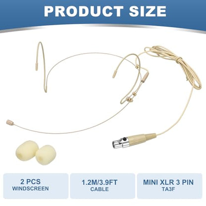 MECCANIXITY Ear Hook Headset Microphone, Double Over Ear Set Hanging Omnidirectional Wired Audio Condenser Microphone Headset with Mini XLR 3 Pin TA3F Plug 3.9ft Cable, Beige - color: Beige, style: Mini XLR 3 Pin TA3F Plug