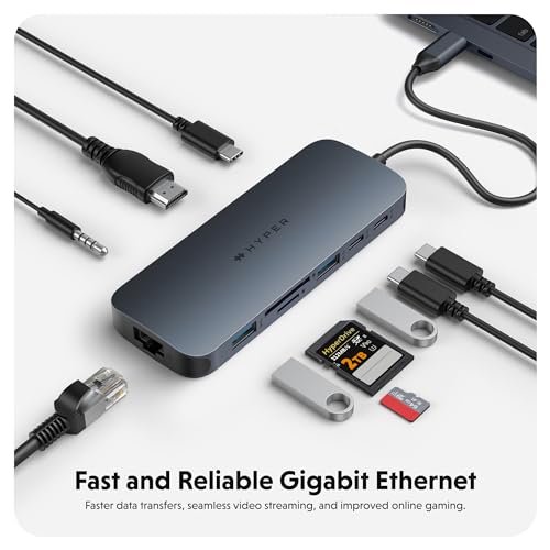 HyperDrive Next 10 Port USB C Hub for Mac, PC, and Chromebook with 4K60Hz HDMI, 2 USB-A, USB-C Hub 10Gbps 140W Power Delivery, SD & microSD Card Reader, Ethernet, 3.5mm Audio Ports - size: 10 Port USB-C Hub with 2x USB-A
