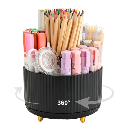 Camelmother 360°Rotating Pen&Pencil Holder For Desk With 5Slots Cute Office | Spacious Beautiful & Durable For Teachers Students Workers Easy Storage for Pens Stationery - color: black