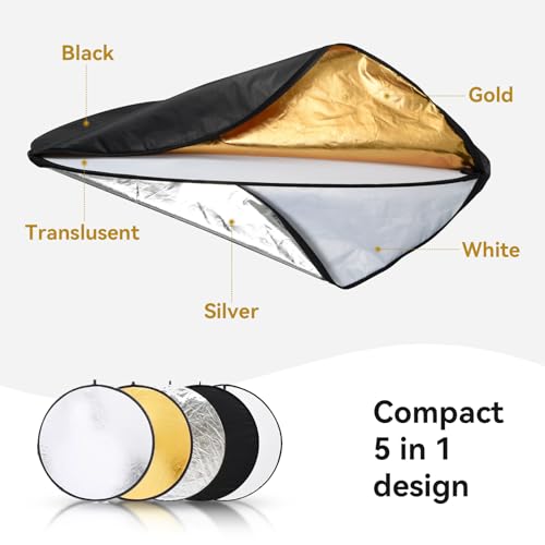 UTEBIT 24"/60cm Reflector Photography with Stand, Include Light Clamp & Bag | 5-in-1 Collapsible Photography Reflector Translucent/Silver/Gold/White/Black with 3/8" Thread for Studio Outdoor Lighting - size: 24 inch