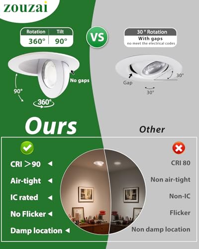 zouzai 6 Inch Gimbal LED Recessed Lights, White, 6 Pack, with Junction Box, 360°+ 90° Adjustable, 5CCT 2700K-5000K, Dimmable, Canless Eyeball Downlight, CRI90+, 1700LM 15W 120V, ETL - color: White-6 inch, size: 6 Pack