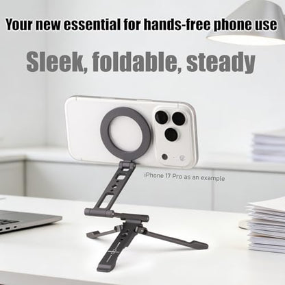SHINEWEE Ultra-Compact Magnetic Tripod Stand: Aluminum Phone Mount for iPhone 17/16/15/14/13/12 Pro Max, Adjustable Cellphone Holder with 1/4” Screw & Travel Hook (Grey)